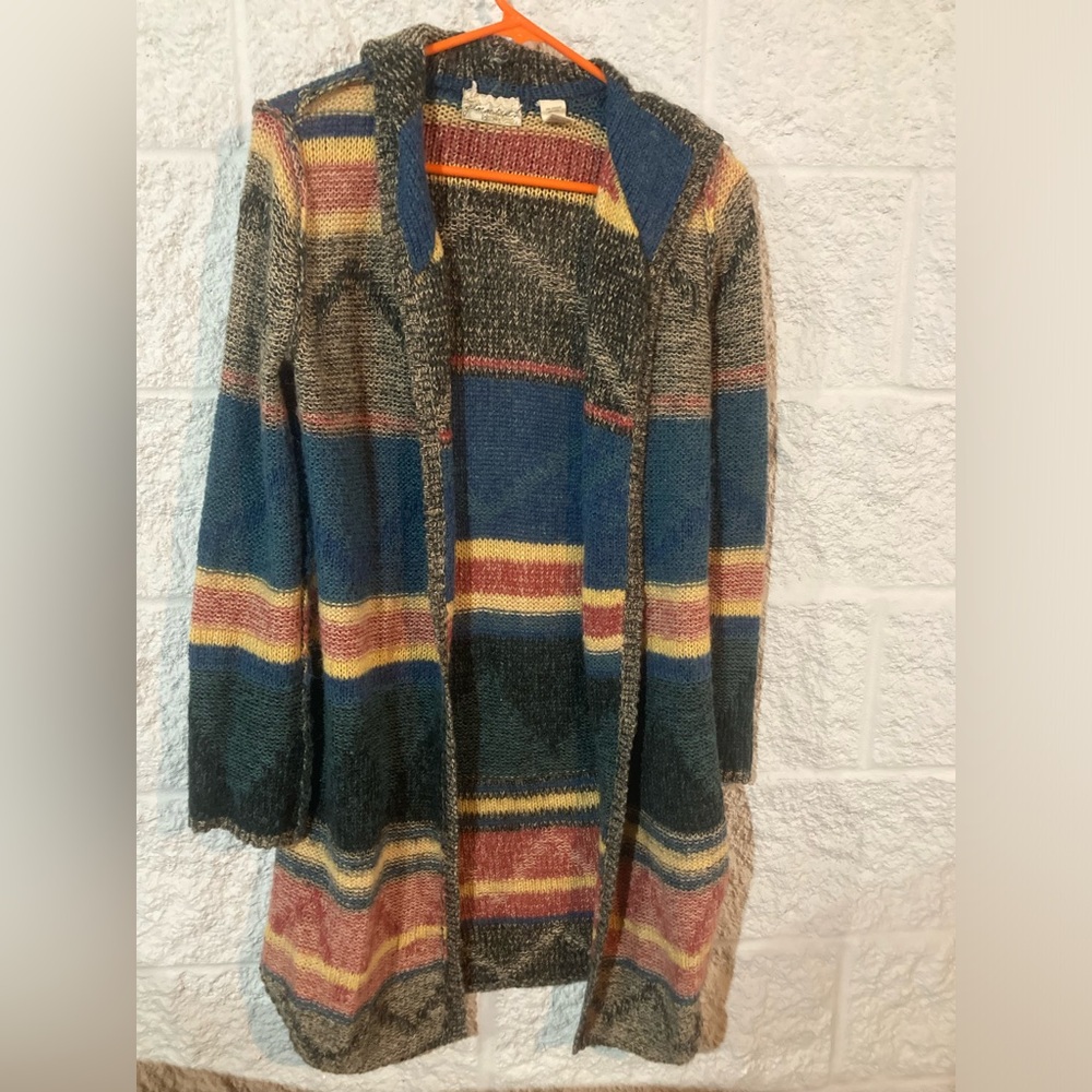 Gimmick Wool Blend Open Front Cardigan Duster Sweater Multicolor Rainbow Knit